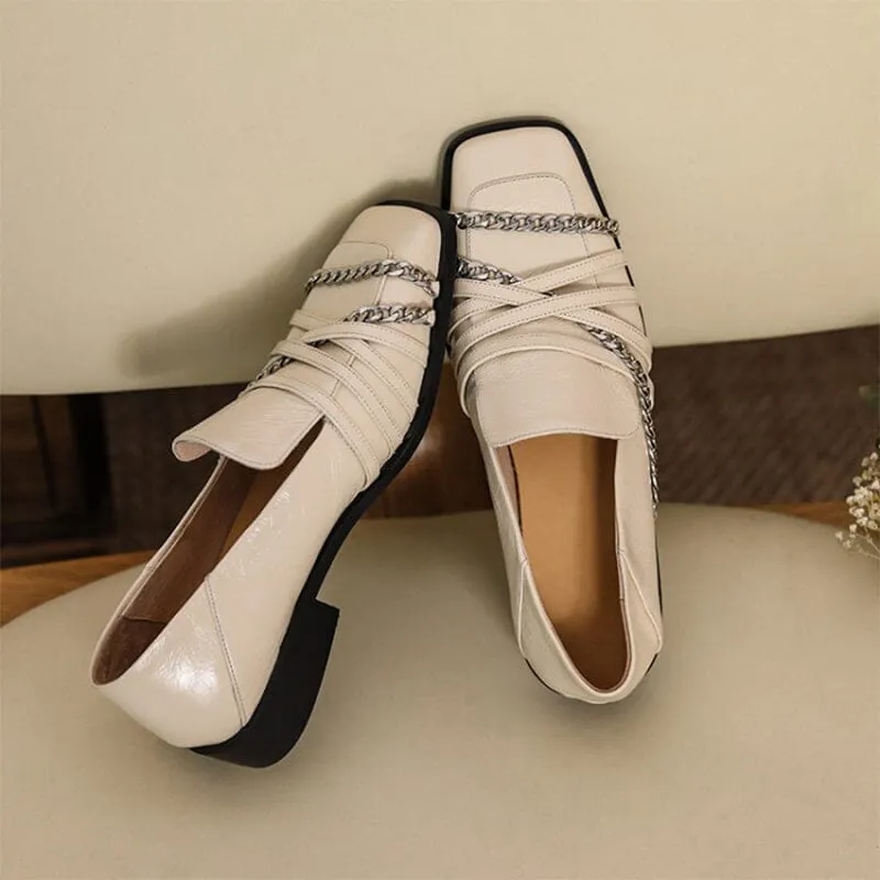 Retro Leather Soft Loafers for Women with Metal Chain Square Toe in Beige/Black