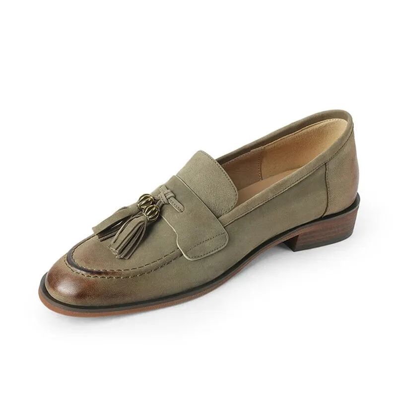 Retro Leather Tassels Loafers for Women Round Toe in Brown/Green