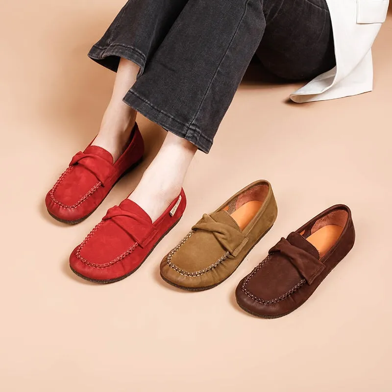 Retro Suede Leather Loafers for Women in Red/Khaki/Coffee