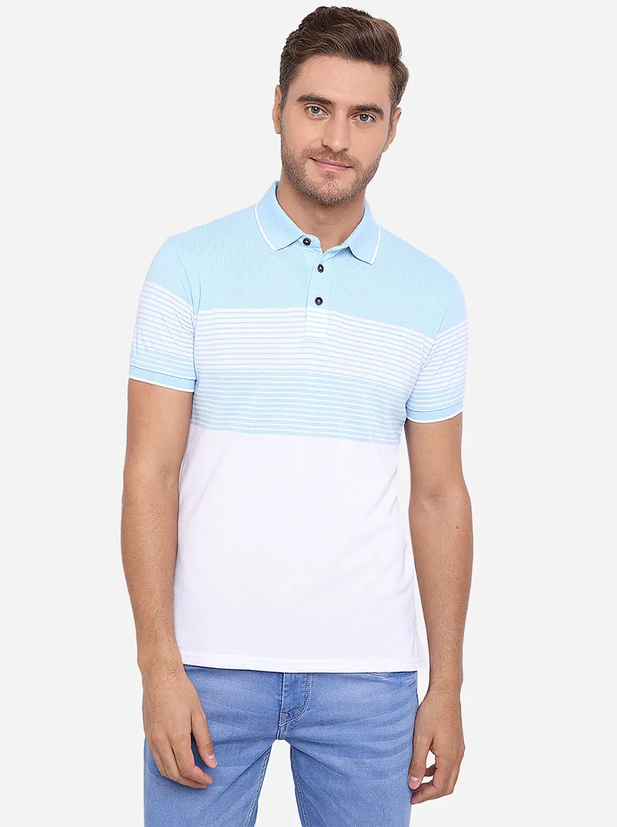 Sky Blue & White Striped Slim Fit Polo T-Shirt | JadeBlue