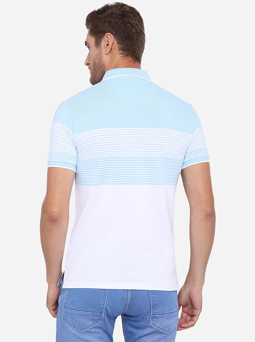 Sky Blue & White Striped Slim Fit Polo T-Shirt | JadeBlue