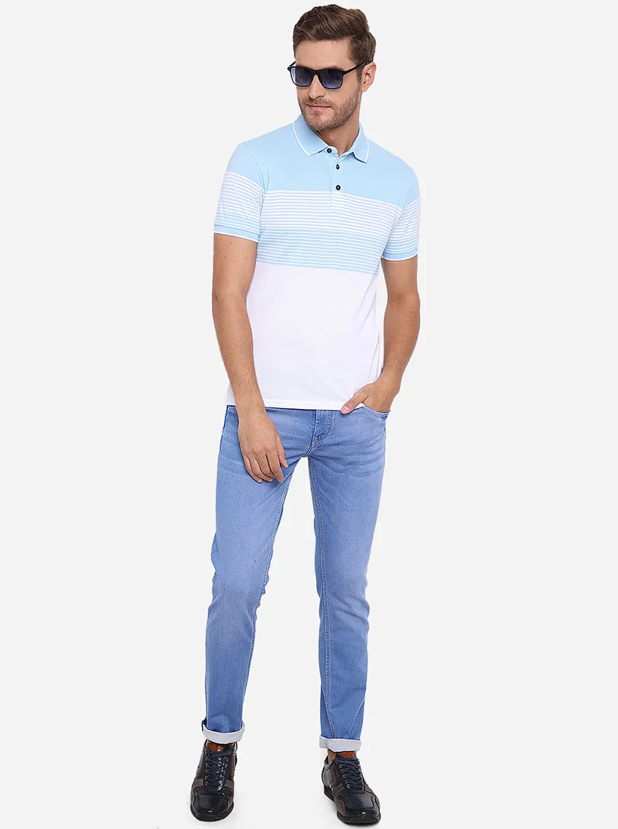 Sky Blue & White Striped Slim Fit Polo T-Shirt | JadeBlue