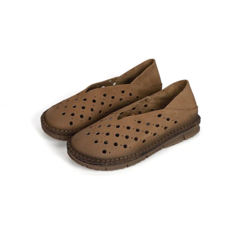 Soft Leather Flat Slip on Loafers for Women Perforated Handmade in Coffee/Khaki