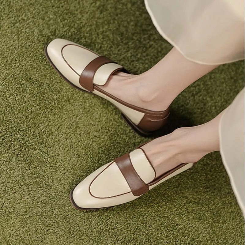 Soft Leather Loafers for Women Color Blocking in Beige/Apricot