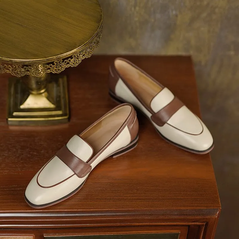 Soft Leather Loafers for Women Color Blocking in Beige/Apricot