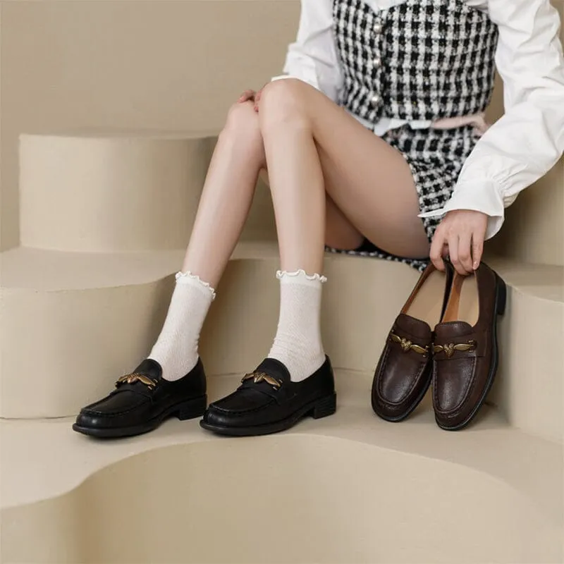 Soft Leather Loafers for Women with Metal Buckle in Coffee/Black