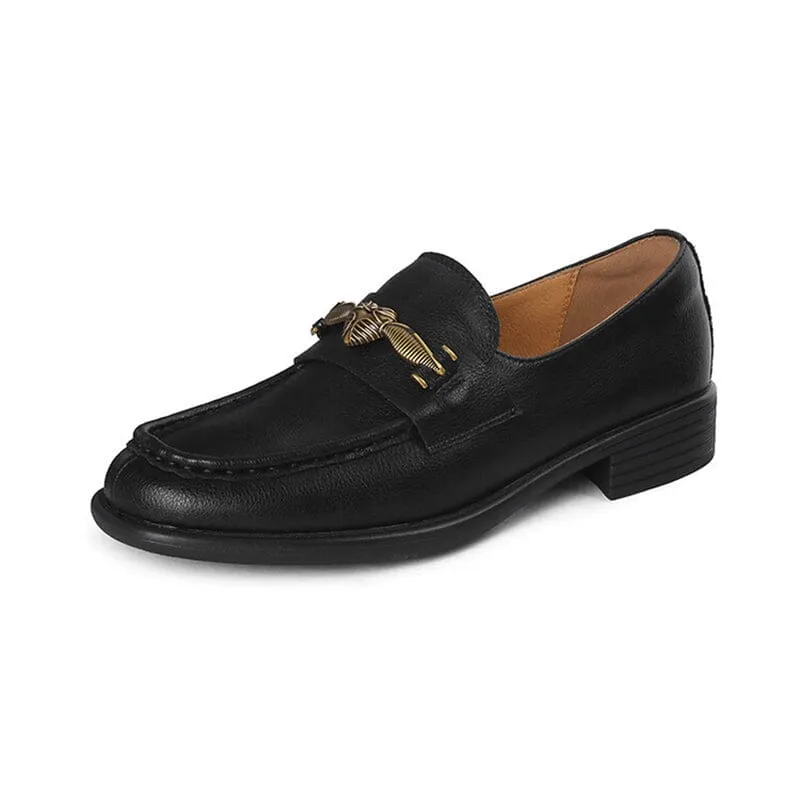 Soft Leather Loafers for Women with Metal Buckle in Coffee/Black