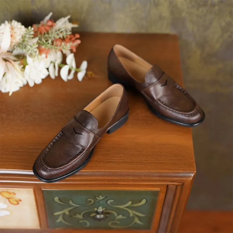 Soft Leather Penny Loafers for Women in Coffee/Black