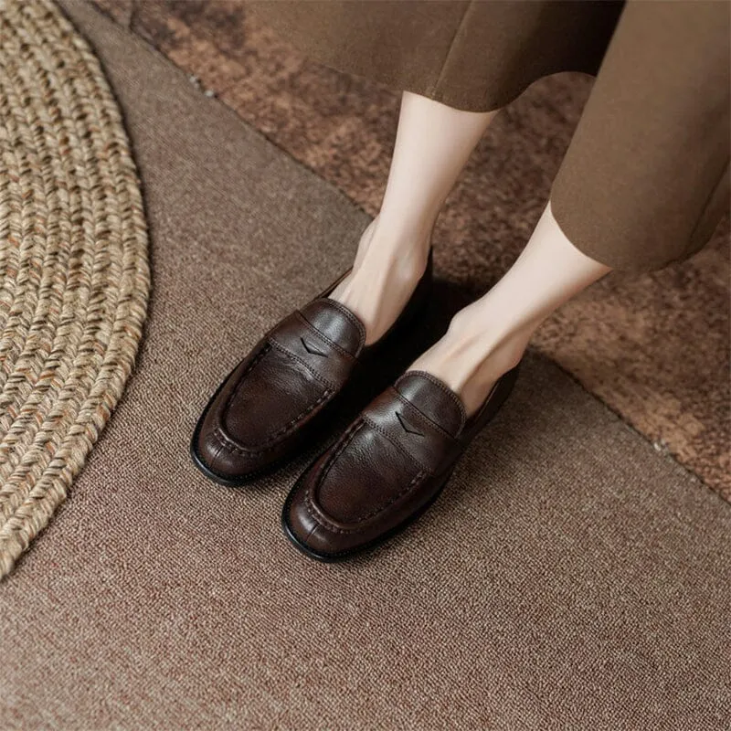 Soft Leather Penny Loafers for Women in Coffee/Black