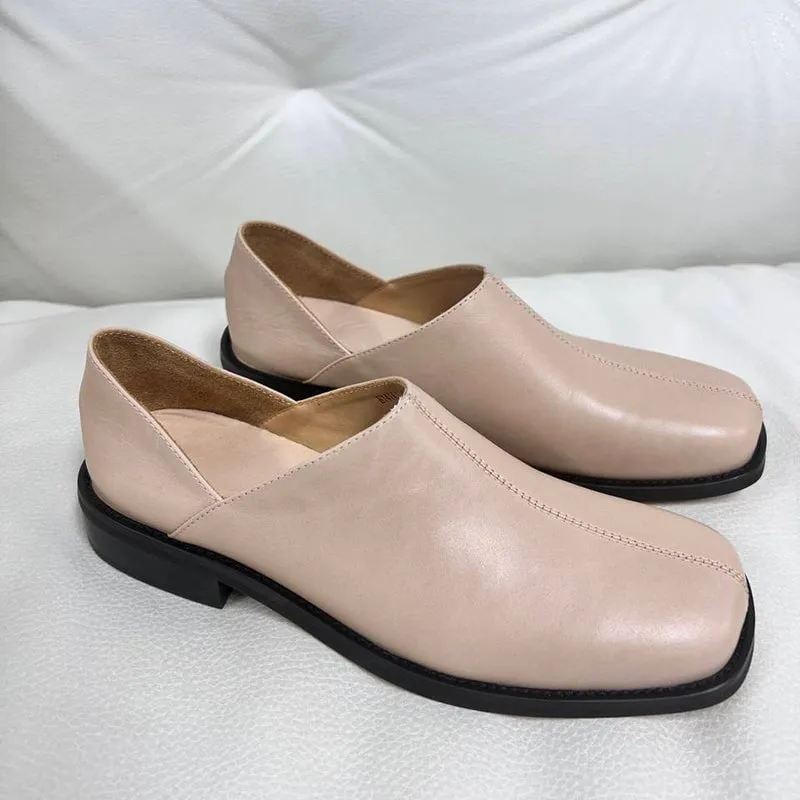 Square Toe Soft Leather Loafers for Women in Pink/Black