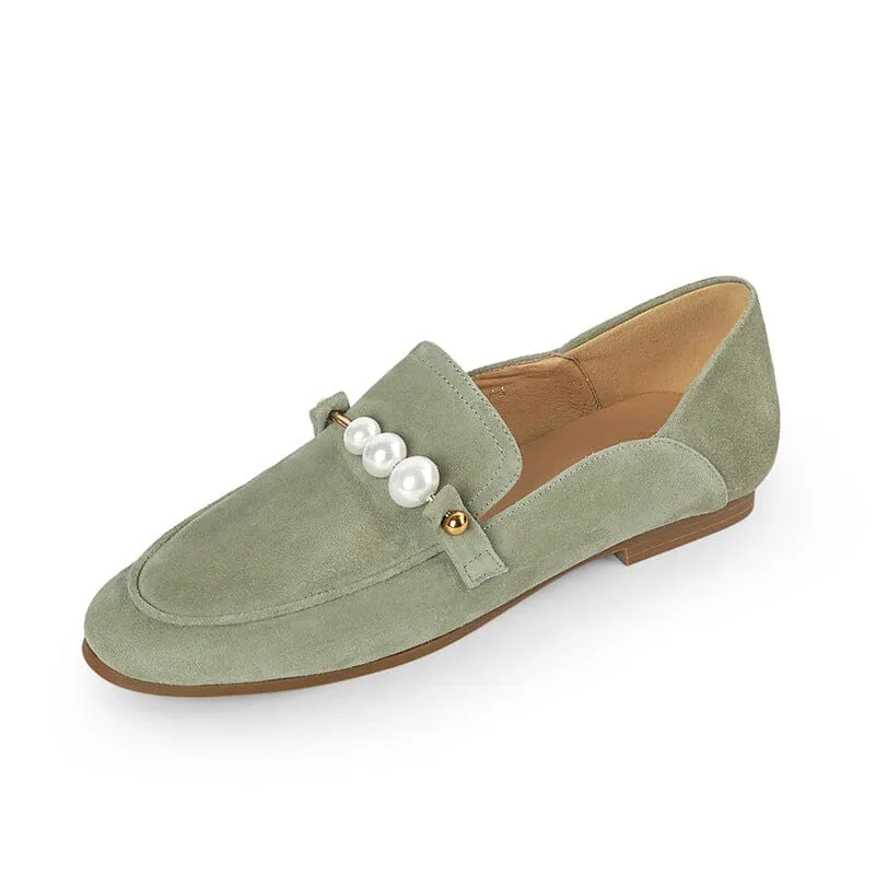 Suede Leather Loafers for Women Pearls Details Round Toe in Green