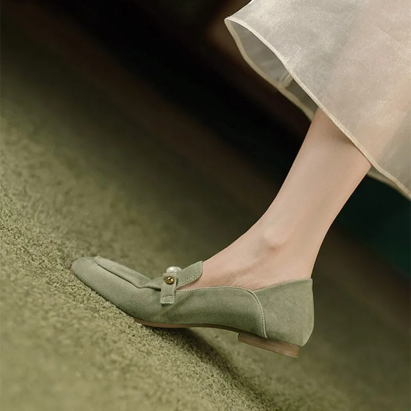 Suede Leather Loafers for Women Pearls Details Round Toe in Green