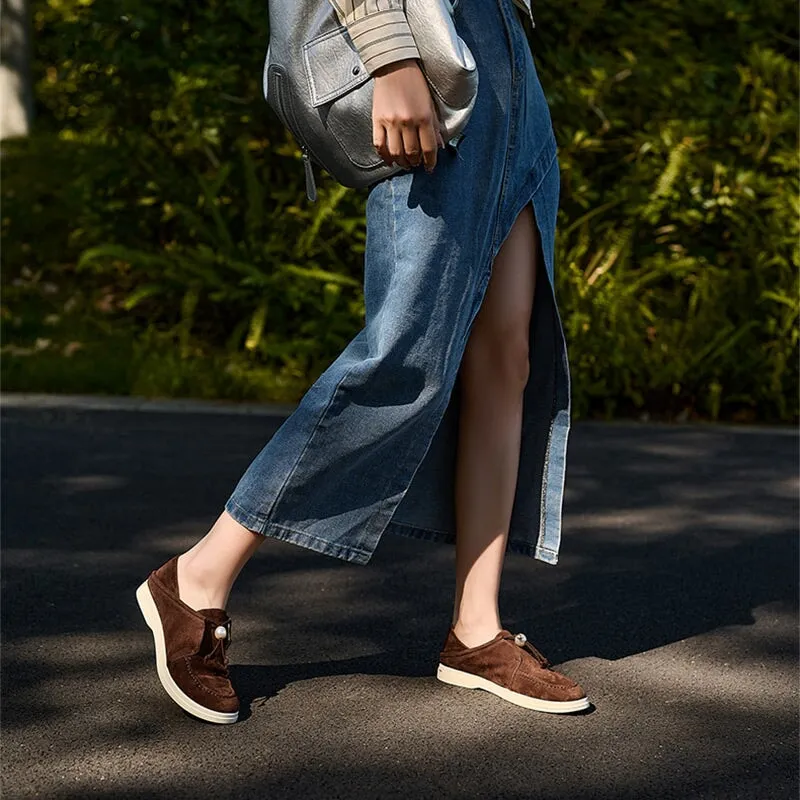 Suede Leather Pearl-Detailed Loafers for Women Round Toe in Brown/Apricot