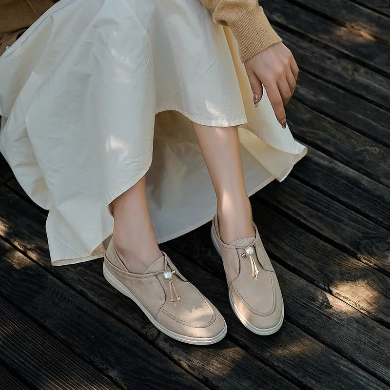 Suede Leather Pearl-Detailed Loafers for Women Round Toe in Brown/Apricot