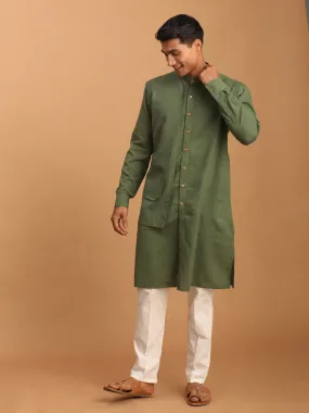 VASTRAMAY Green Cotton Kurta with Cream Pant