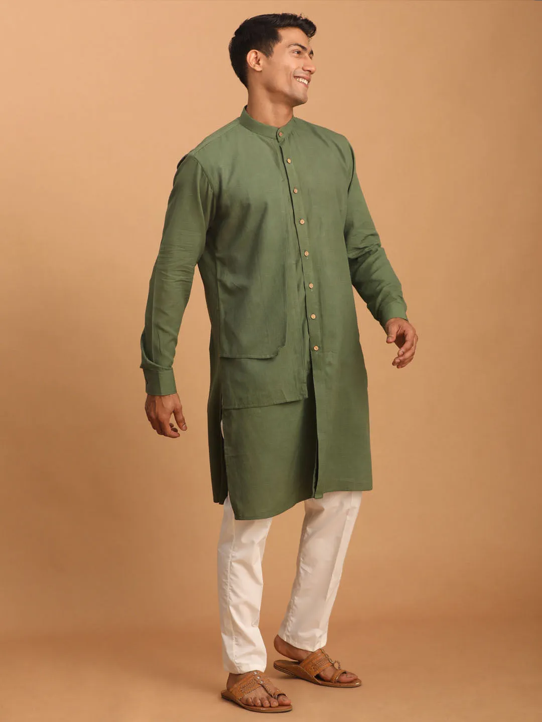 VASTRAMAY Green Cotton Kurta with Cream Pant