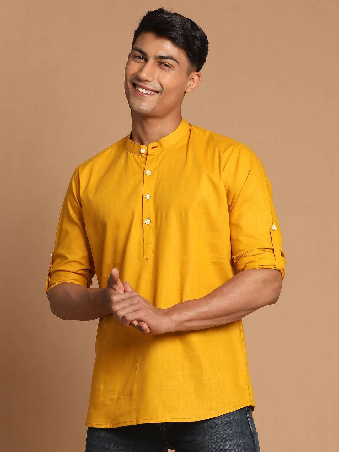 VASTRAMAY Men's Mustard Short Cotton Kurta