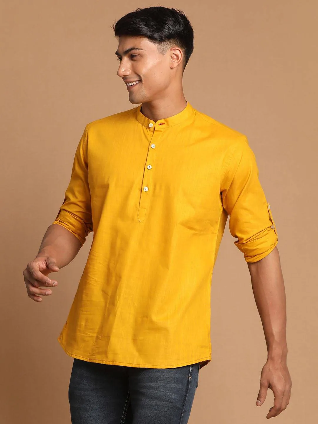 VASTRAMAY Men's Mustard Short Cotton Kurta