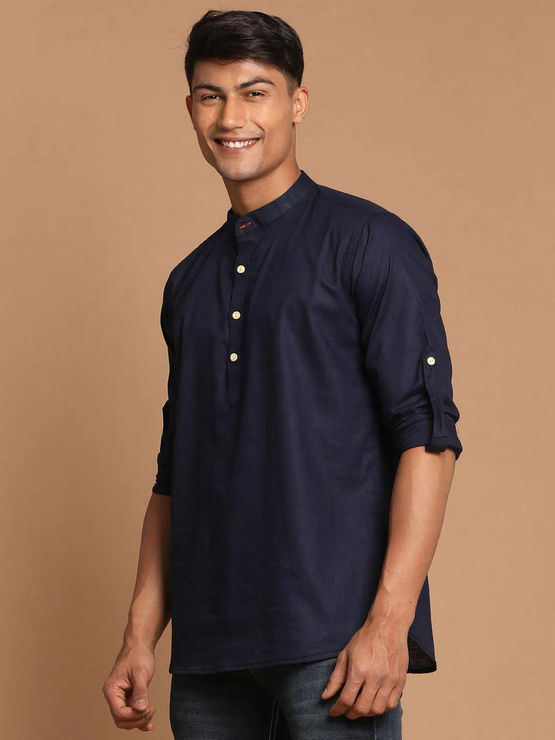 VASTRAMAY Men's Navy Blue Short Cotton Kurta