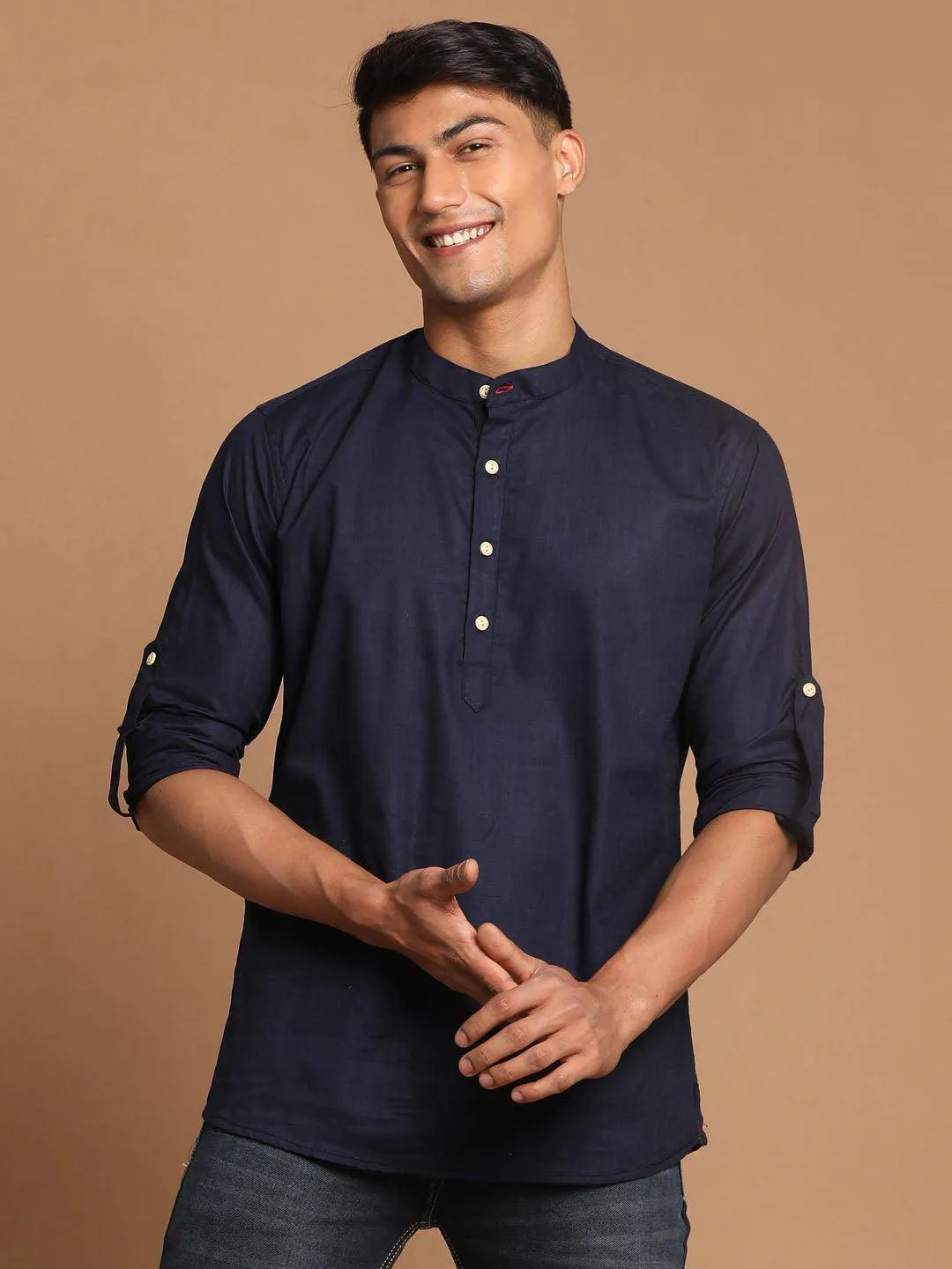 VASTRAMAY Men's Navy Blue Short Cotton Kurta