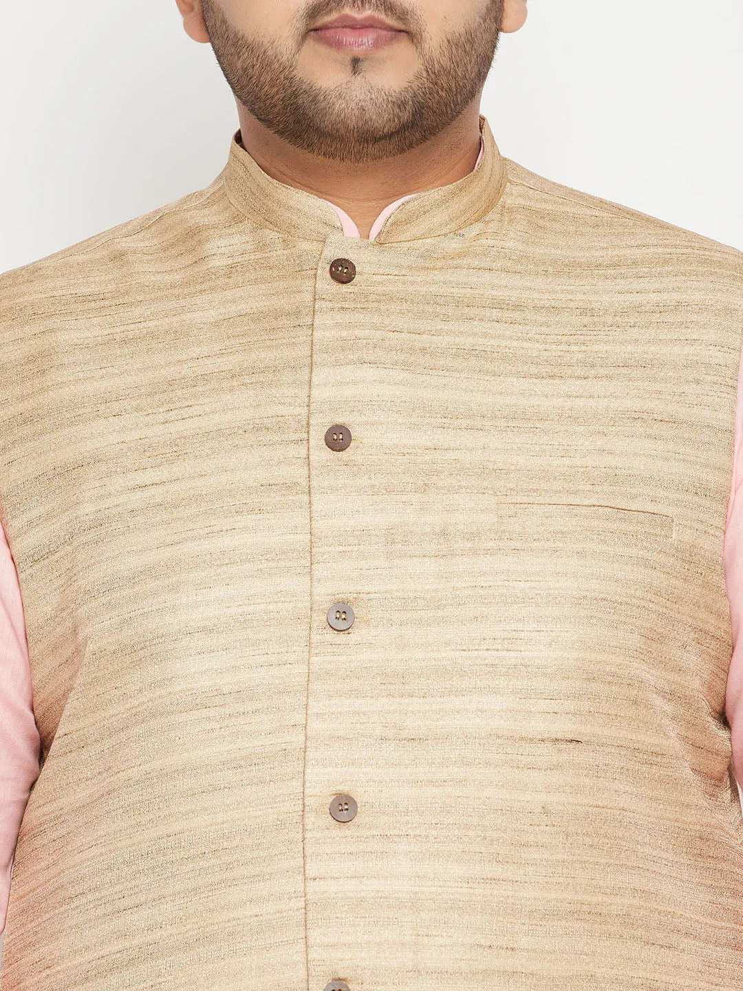 VASTRAMAY Men's Pink Kurta Set With Nehru Jacket