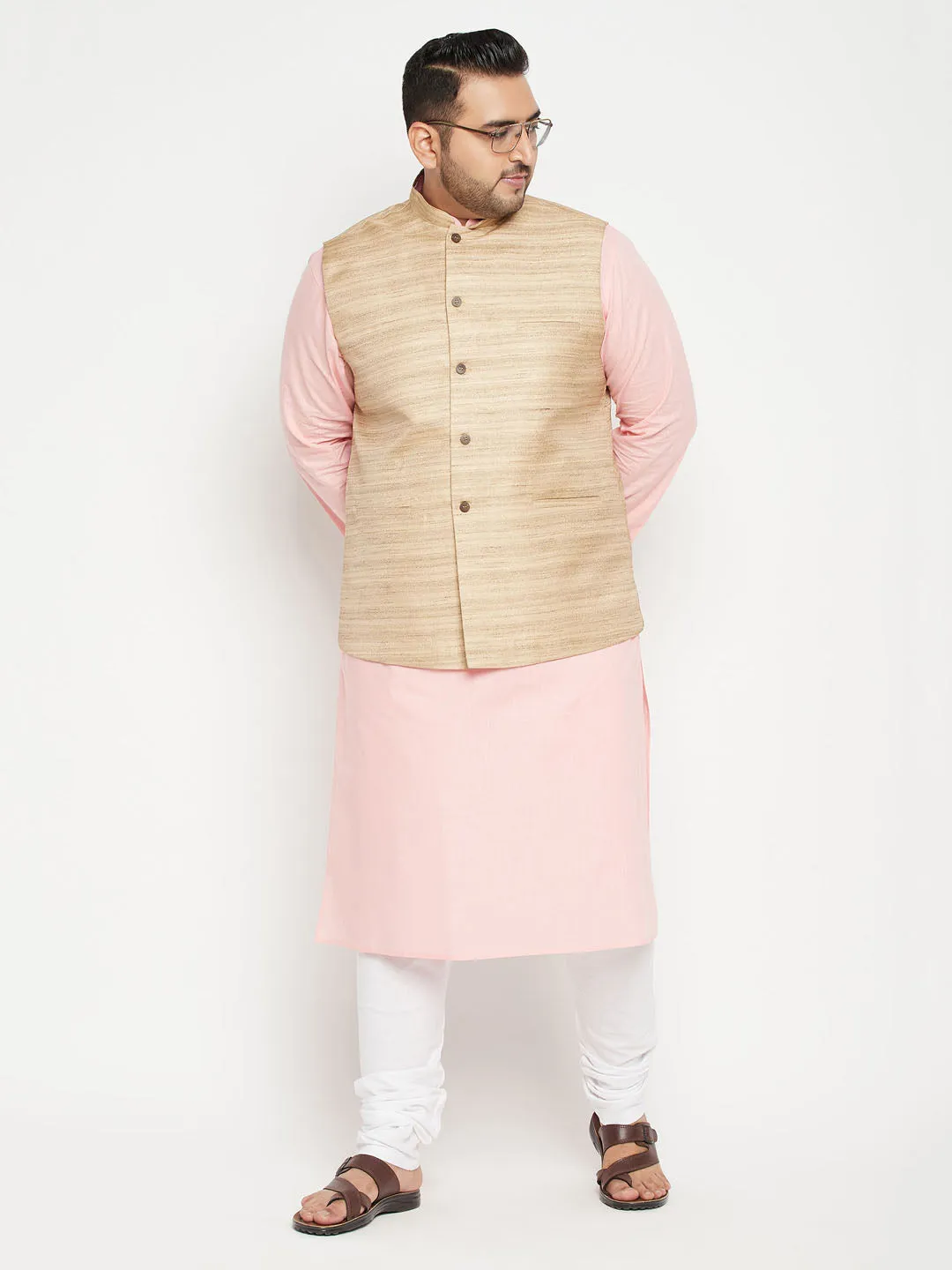 VASTRAMAY Men's Pink Kurta Set With Nehru Jacket