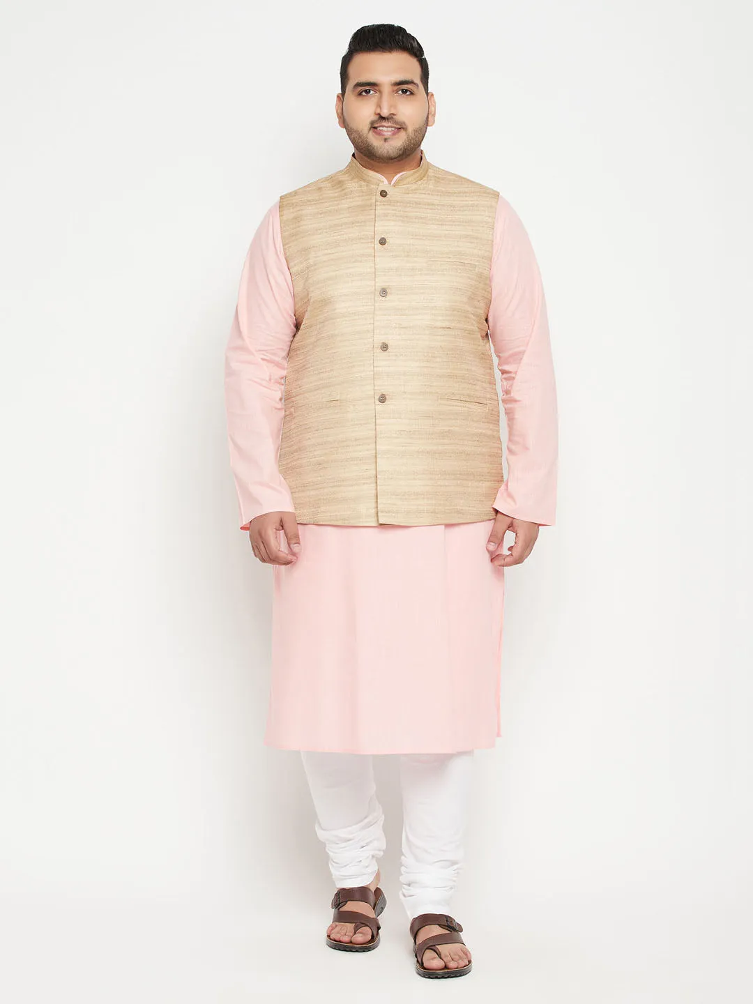 VASTRAMAY Men's Pink Kurta Set With Nehru Jacket