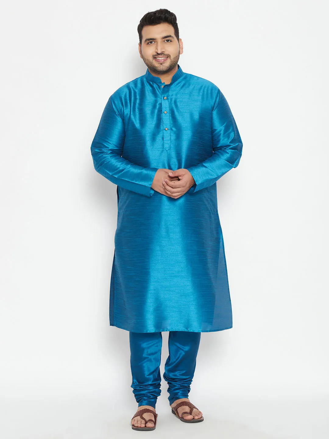 VASTRAMAY Men's Turquoise Silk Blend Kurta