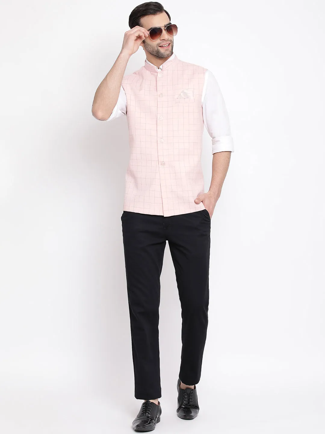 VASTRAMAY Pink Checkered Nehru Jacket