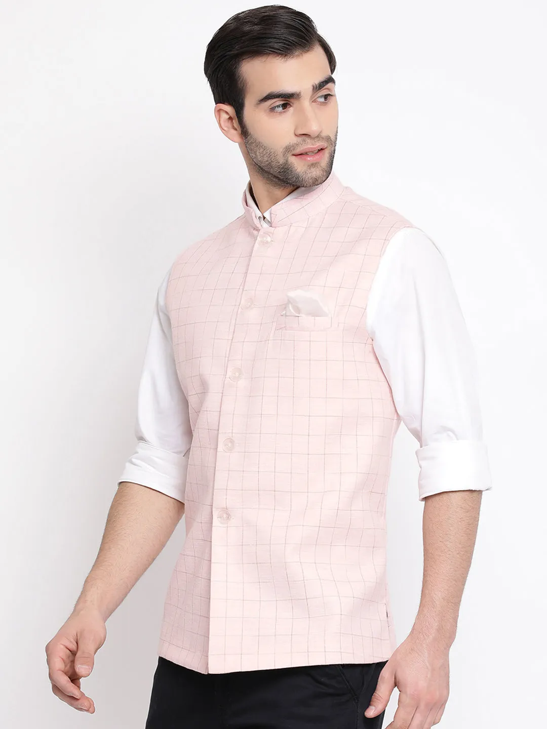 VASTRAMAY Pink Checkered Nehru Jacket