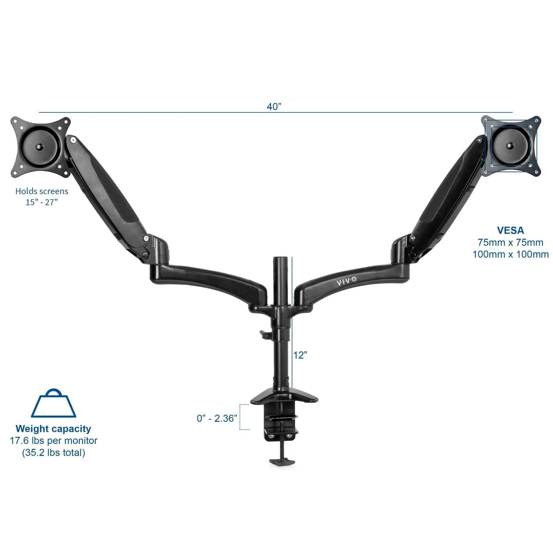 VIVO Pneumatic Arm Dual Monitor Desk Mount, STAND-V002JB,STAND-V002JW