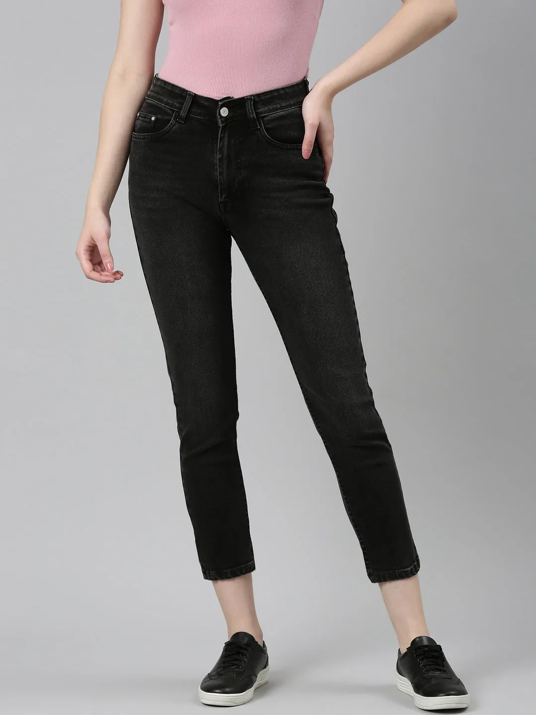 Women Grey Solid Regular Fit Denim Jeans