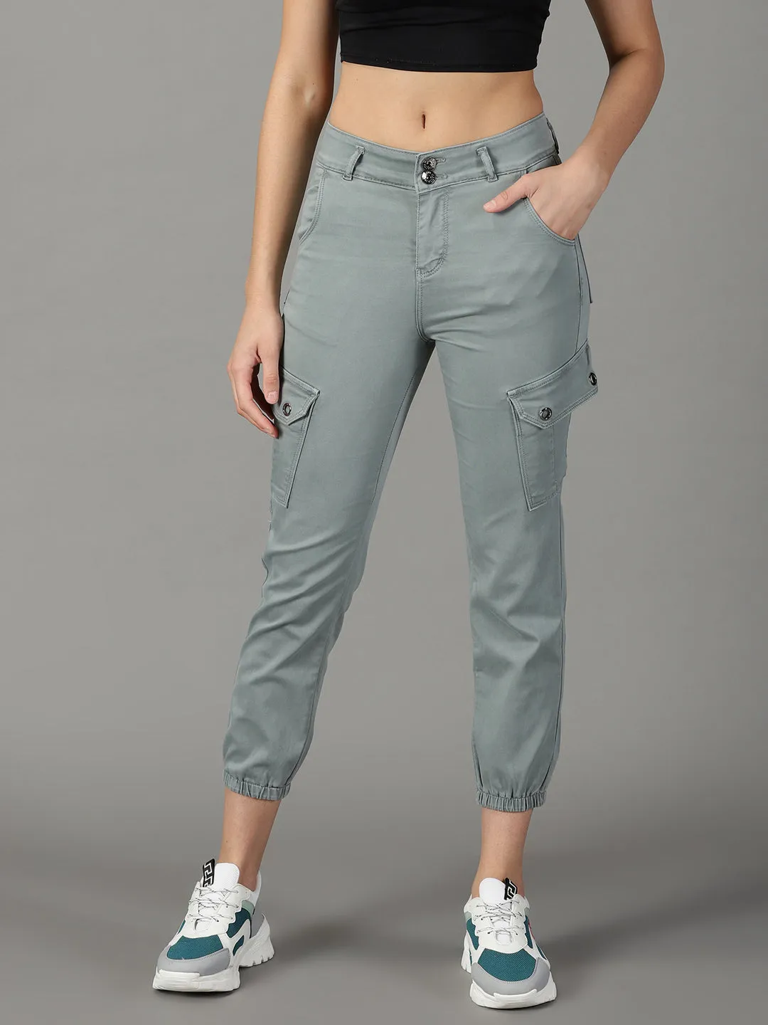 Women's Grey Solid Jogger Denim Jeans